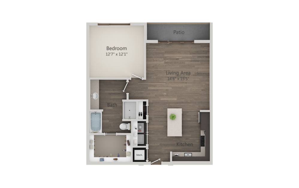 A5 - 1 bedroom floorplan layout with 1 bathroom and 745 - 837 square feet (2D)