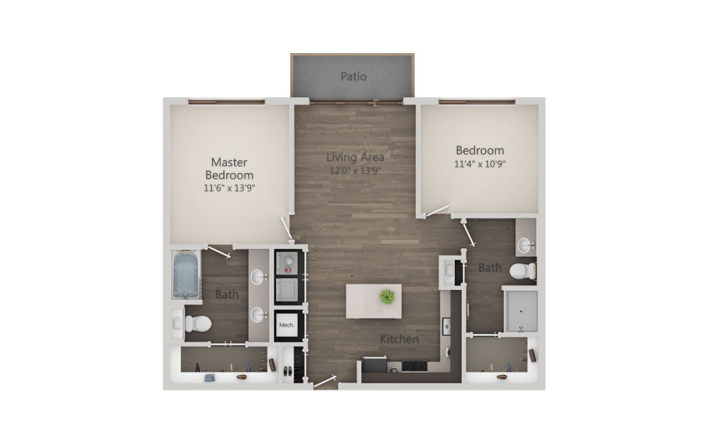 B1 - 2 bedroom floorplan layout with 2 bathrooms and 1008 square feet (2D)