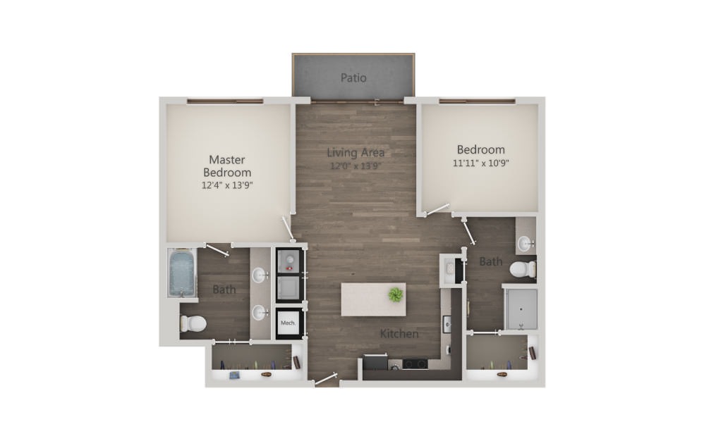 B1a - 2 bedroom floorplan layout with 2 bathrooms and 1042 square feet (2D)