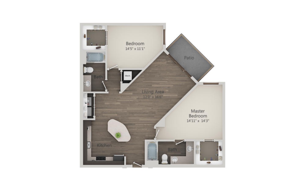 B2 - 2 bedroom floorplan layout with 2 bathrooms and 1140 - 1142 square feet (2D)