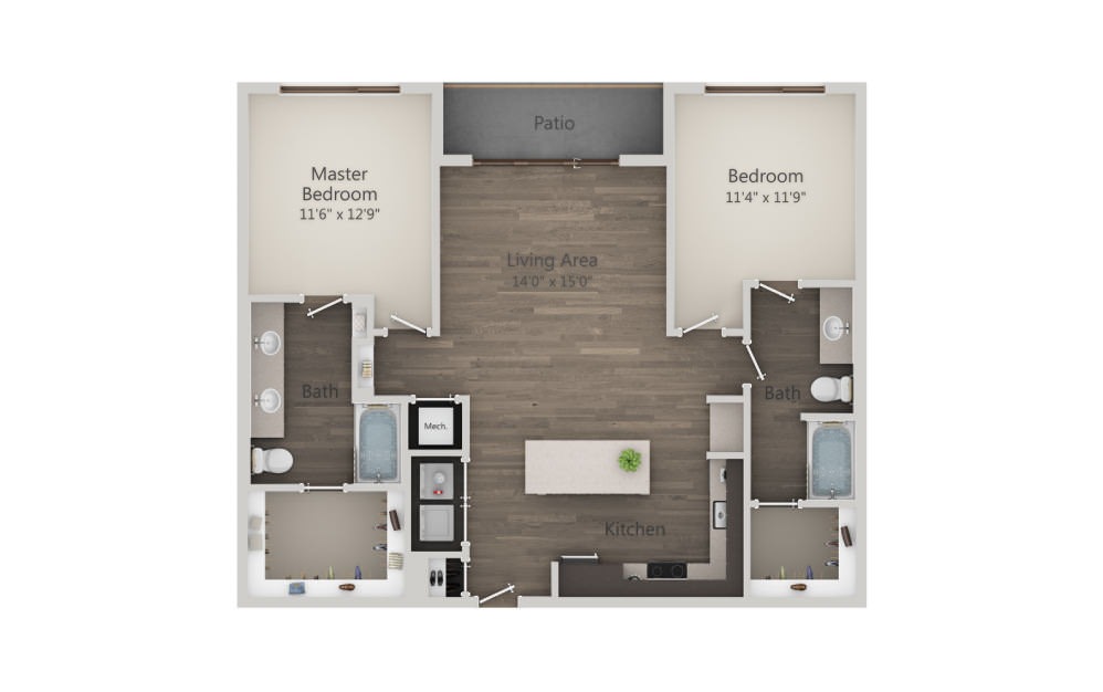 B3 - 2 bedroom floorplan layout with 2 bathrooms and 1153 square feet (2D)