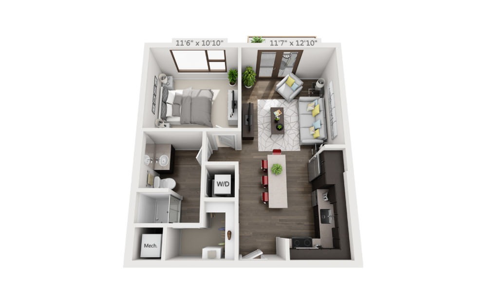 A1 - 1 bedroom floorplan layout with 1 bathroom and 616 square feet (3D)