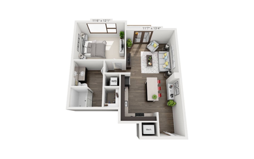 A1a - 1 bedroom floorplan layout with 1 bathroom and 674 square feet (3D)