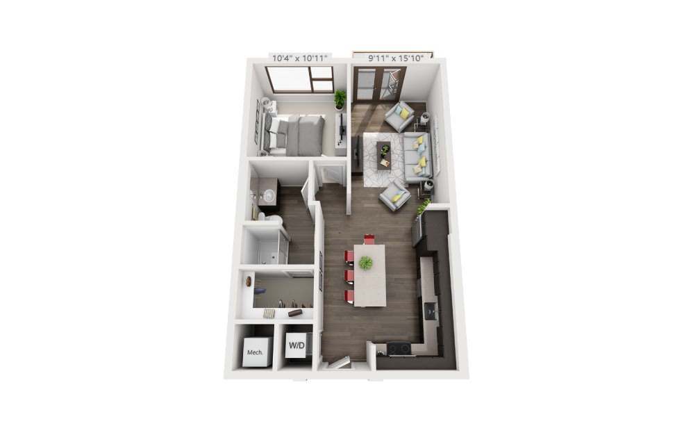 A2 - 1 bedroom floorplan layout with 1 bathroom and 666 square feet (3D)