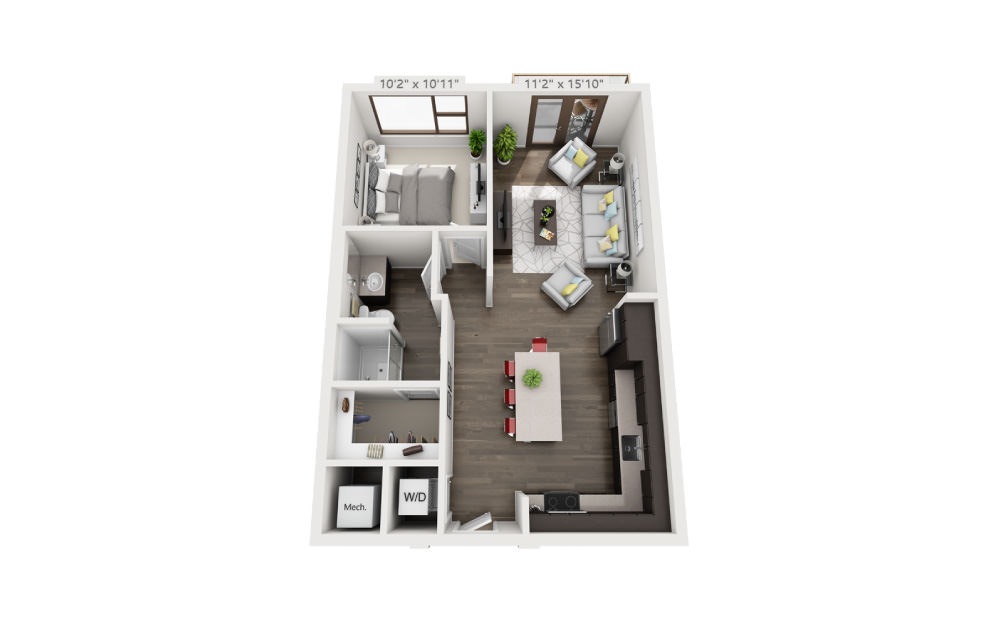 A2a - 1 bedroom floorplan layout with 1 bathroom and 717 square feet (3D)