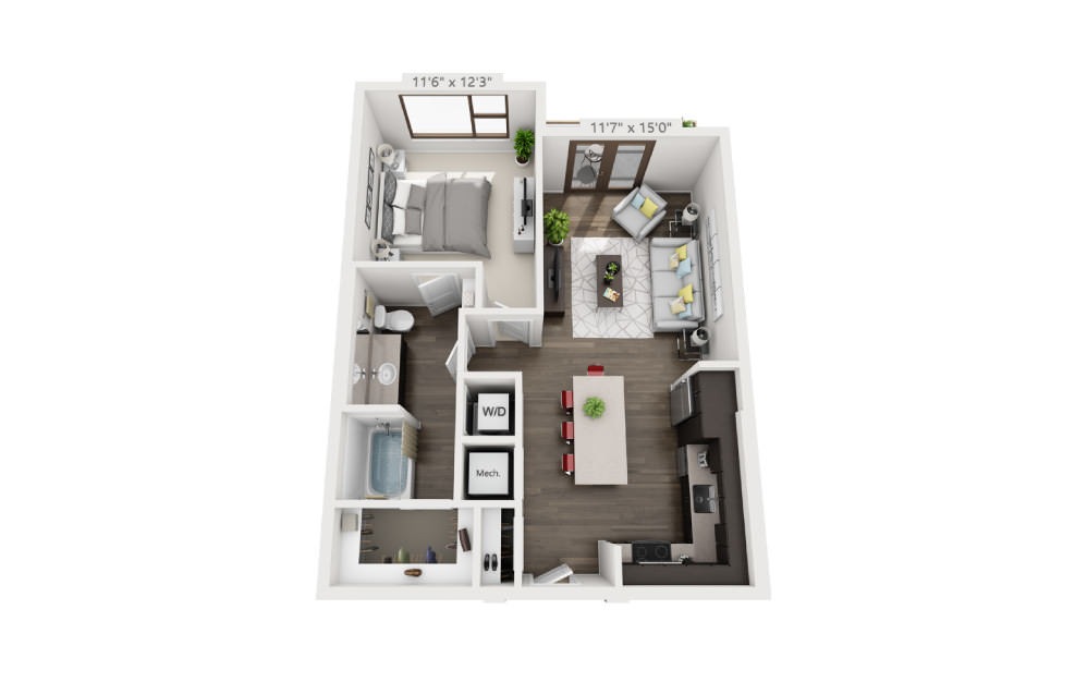 A3 - 1 bedroom floorplan layout with 1 bathroom and 715 square feet (3D)