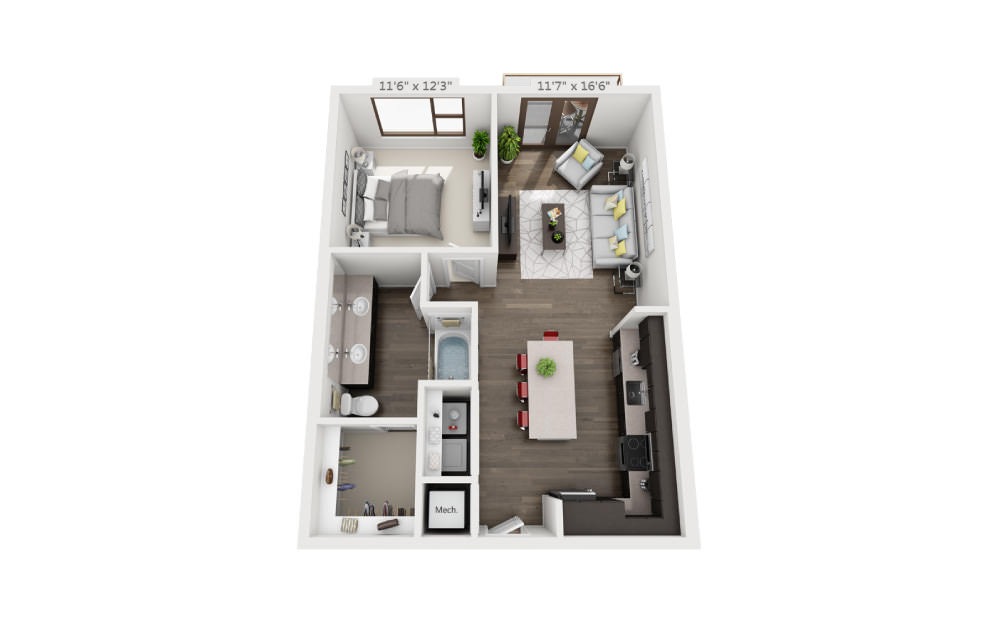 A4 - 1 bedroom floorplan layout with 1 bathroom and 768 square feet (3D)