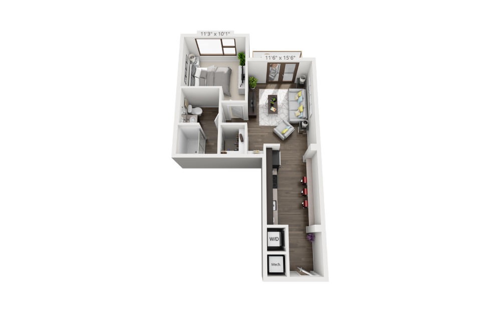 A4a - 1 bedroom floorplan layout with 1 bathroom and 615 square feet (3D)