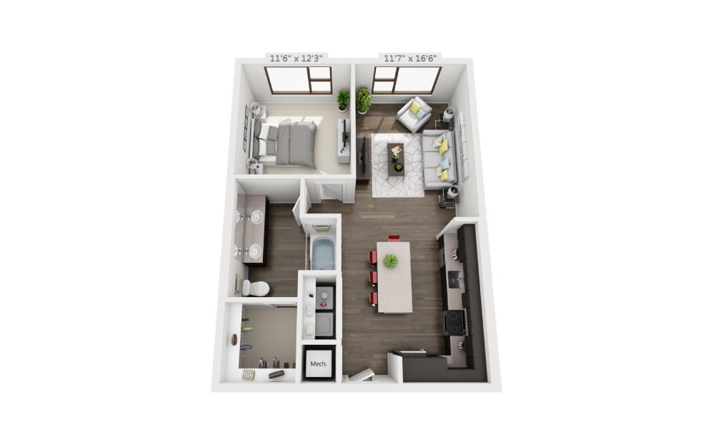 A4 Ansi - 1 bedroom floorplan layout with 1 bathroom and 768 square feet (3D)