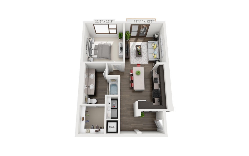 A4b - 1 bedroom floorplan layout with 1 bathroom and 784 square feet (3D)