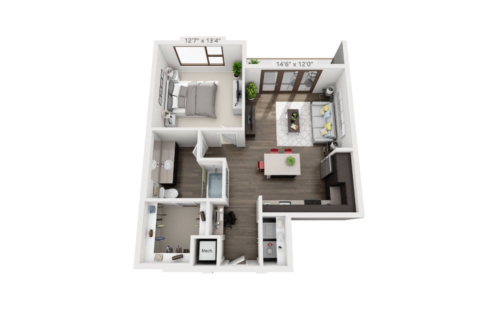 A5a - 1 bedroom floorplan layout with 1 bathroom and 745 - 779 square feet (3D)