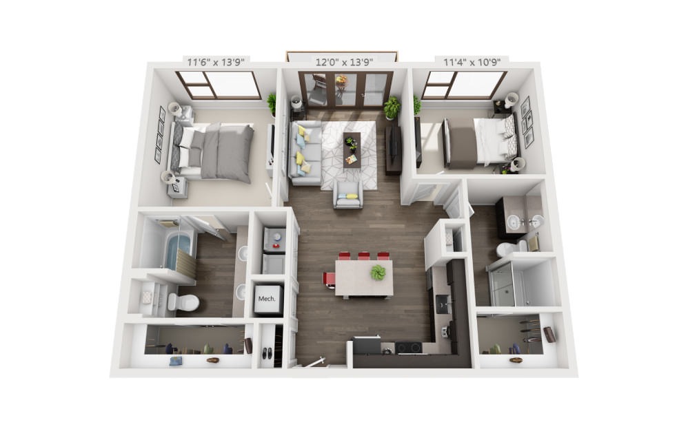 B1 - 2 bedroom floorplan layout with 2 bathrooms and 1008 square feet (3D)