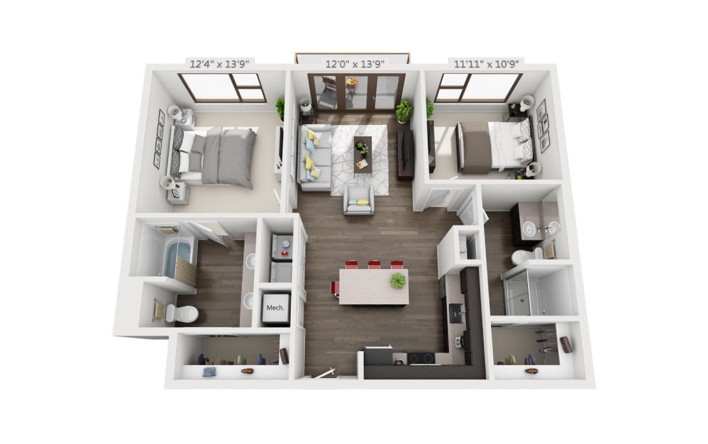 B1a - 2 bedroom floorplan layout with 2 bathrooms and 1042 square feet (3D)