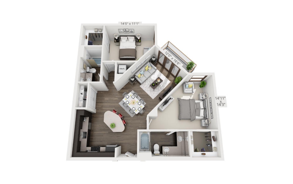 B2 - 2 bedroom floorplan layout with 2 bathrooms and 1140 - 1142 square feet (3D)