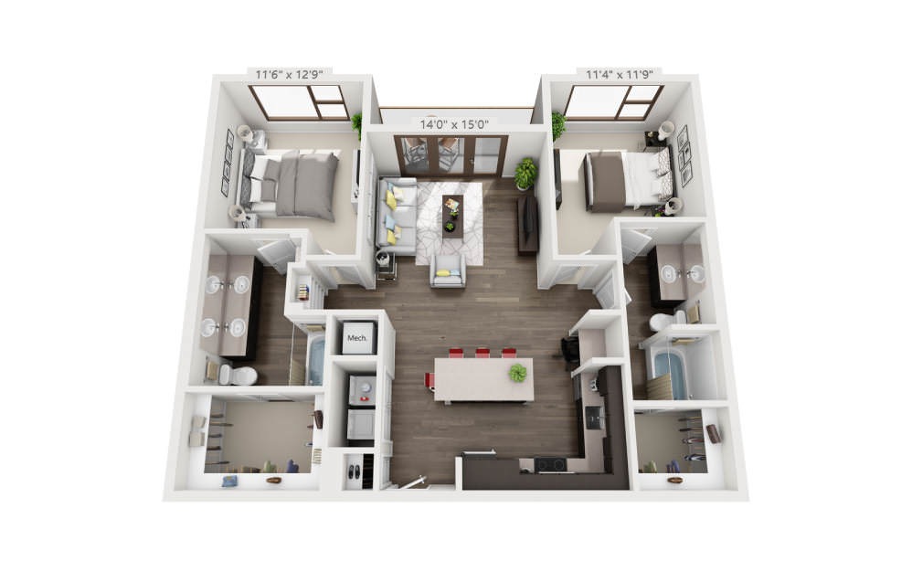 B3 - 2 bedroom floorplan layout with 2 bathrooms and 1153 square feet (3D)