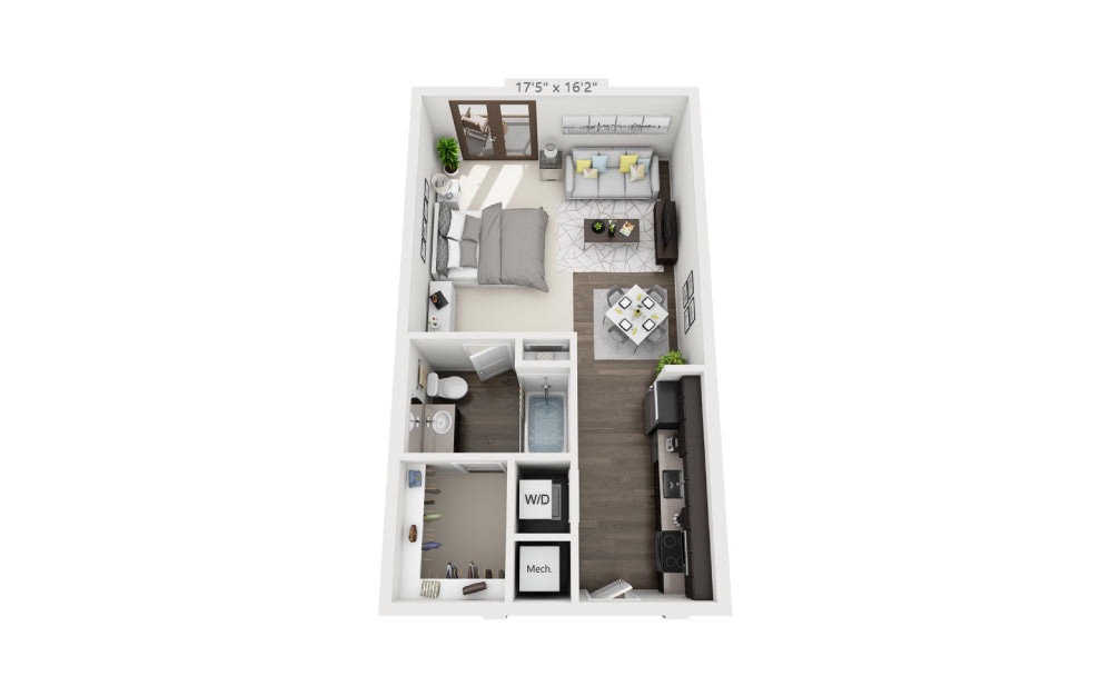 S1 - Studio floorplan layout with 1 bathroom and 426 - 607 square feet (3D)