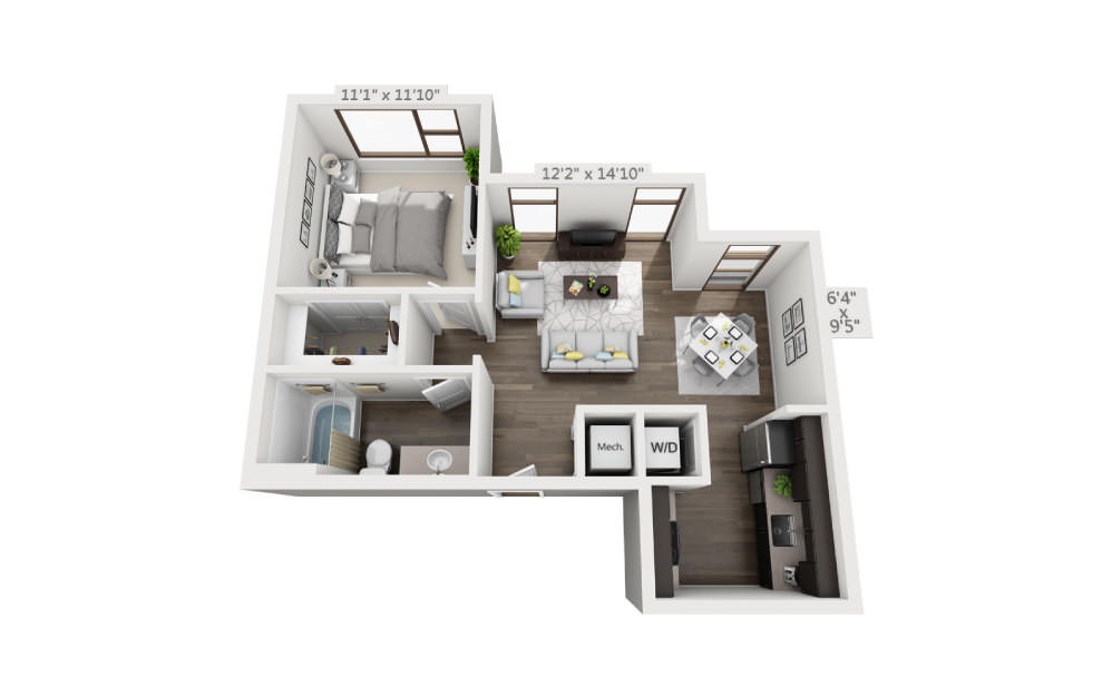 S2 - Studio floorplan layout with 1 bathroom and 656 square feet (3D)