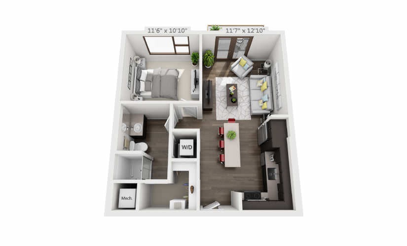 A1 - 1 bedroom floor plan layout with 1 bathroom and 616 square feet