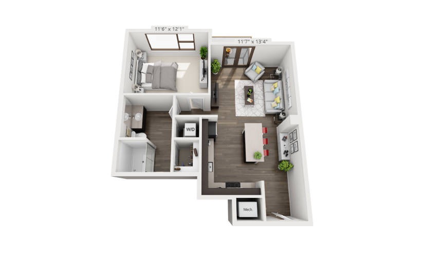 A1a - 1 bedroom floor plan layout with 1 bathroom and 674 square feet