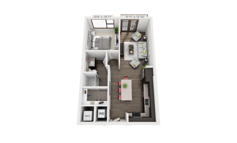 A2 - 1 bedroom floor plan layout with 1 bathroom and 666 square feet
