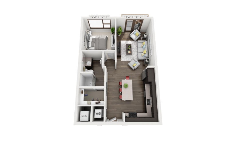 A2a - 1 bedroom floor plan layout with 1 bathroom and 717 square feet