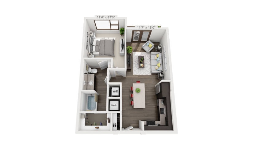 A3 - 1 bedroom floor plan layout with 1 bathroom and 715 square feet