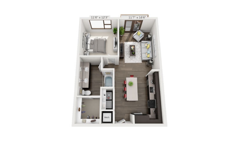 A4 - 1 bedroom floor plan layout with 1 bathroom and 768 square feet