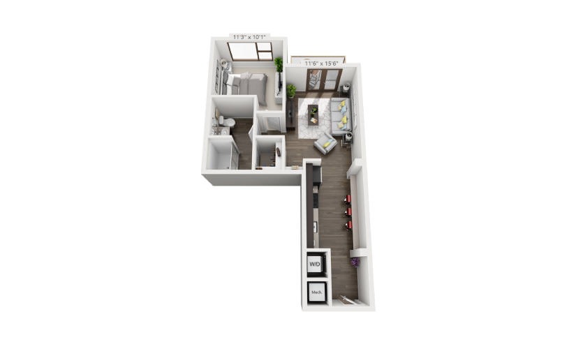 A4a - 1 bedroom floor plan layout with 1 bathroom and 615 square feet