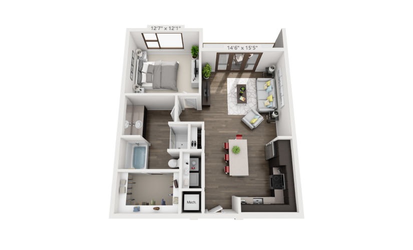 A5 - 1 bedroom floor plan layout with 1 bathroom and 745 - 837 square feet