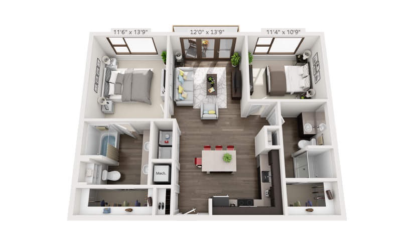 B1 - 2 bedroom floor plan layout with 2 bathrooms and 1008 square feet