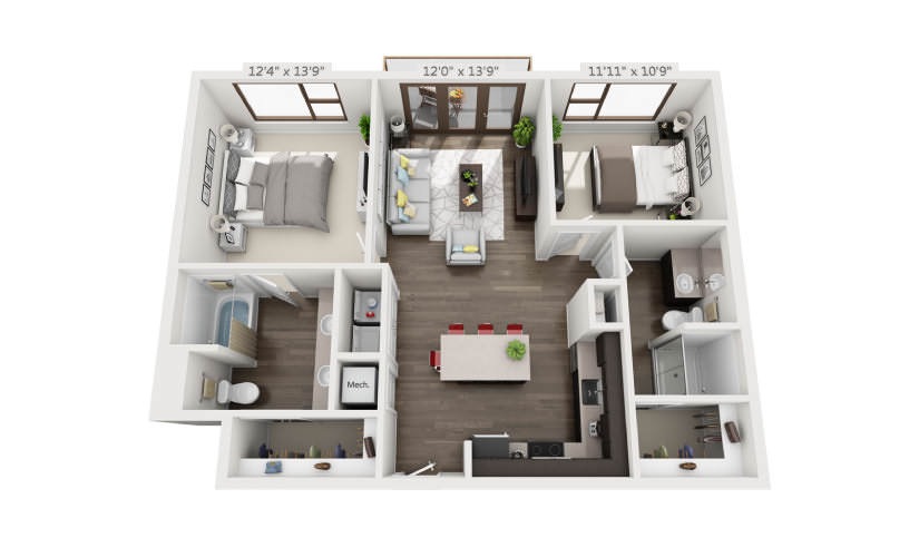 B1a - 2 bedroom floor plan layout with 2 bathrooms and 1042 square feet