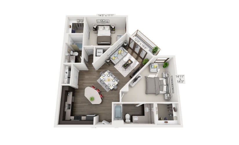 B2 - 2 bedroom floor plan layout with 2 bathrooms and 1140 - 1142 square feet