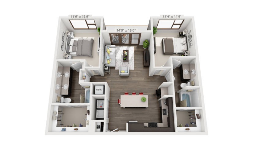 B3 - 2 bedroom floor plan layout with 2 bathrooms and 1153 square feet